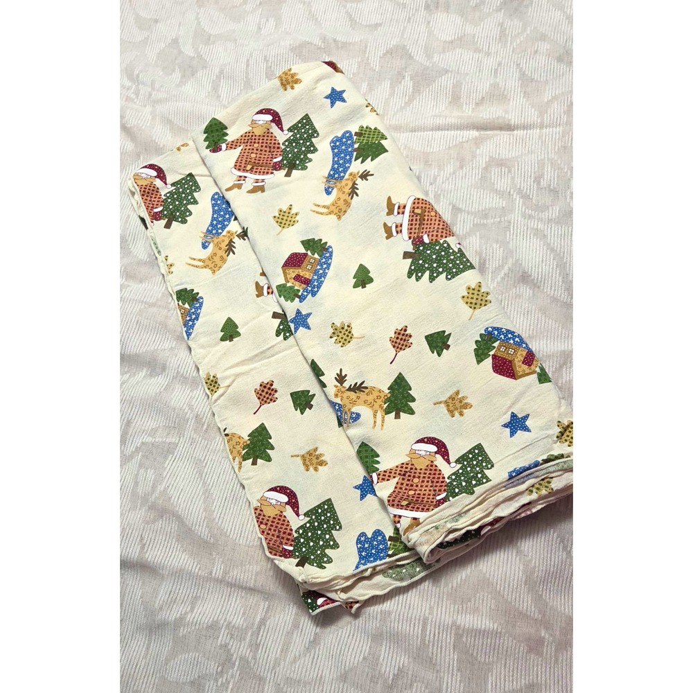 Christmas Cottage Core Fabric Tablecloth Santa Trees Reindeer Print 56inx98in